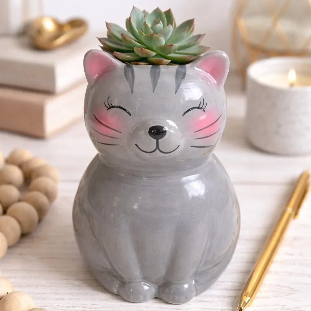 Hazel & Co. Gray Cat Ceramic Planter / Vase – Cute Kitty Decor